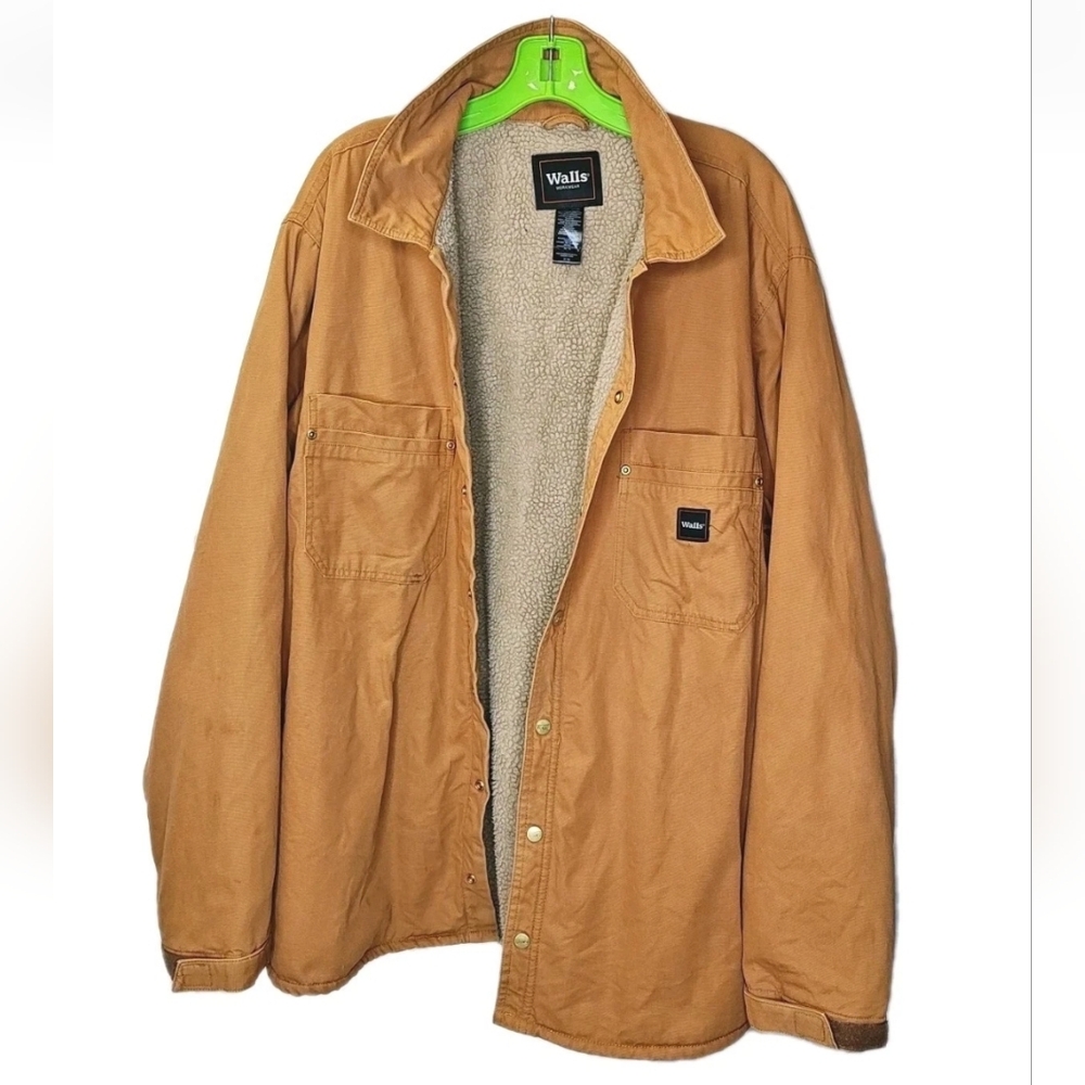 Walls Shacket Shirt Jacket 2X Brown Canvas Sherpa Lined Snap Barn Chore Coat